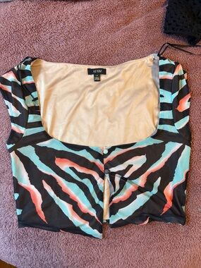 AFRM Black Zebra-Print Scoop Neck Crop Top with Coral and Aqua Stripes